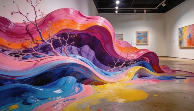 Flowing glossy multicolor wave sculpture spilling across gallery floor with bare branches