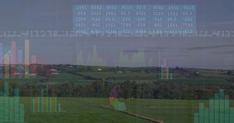 Digital data overlay on scenic rural countryside