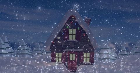 Cozy Winter Cabin Illuminated with Warm Light and Festive Snowfall