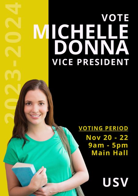 This image of a young woman confidently posing with campaign materials is relevant for promoting university elections. It is ideal for use in educational marketing campaigns, student association initiatives, and election reminders. Perfect for websites, newsletters, social media posts, posters, and flyers to encourage student participation and engagement in voting activities.