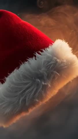 Backlit Santa Hat Rotating in Smoky Haze, Velvet Red Cap with Fluffy White Trim