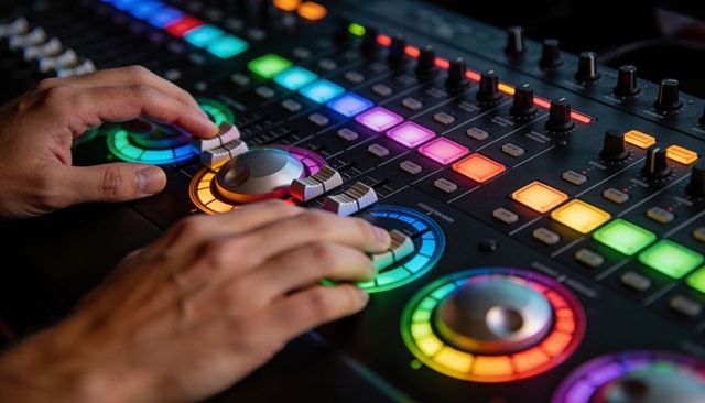 Hands Adjusting Motorized Faders and RGB Jog Wheels on Professional Mixing Console