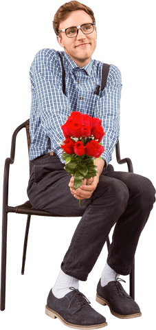 Transparent Image of Geeky Hipster Holding Roses