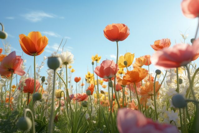 Colourful spring flowers at field over blue sky, created using generative ai technology. Spring, nature, flowers, digitally generated image.