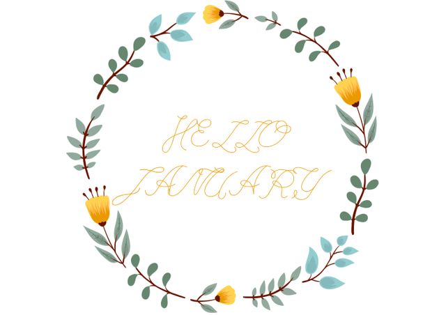 Digital composite image of hello january text inside wreath over white background. celebration and symbol.