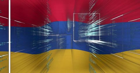 Rippling tricolor data tunnel with floating glass panels and streaming code visualization