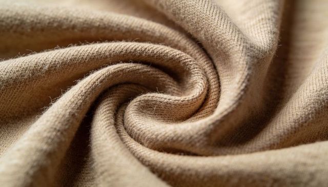 Beige cashmere knit fabric spiraling macro texture highlighting yarn stitches and pilling