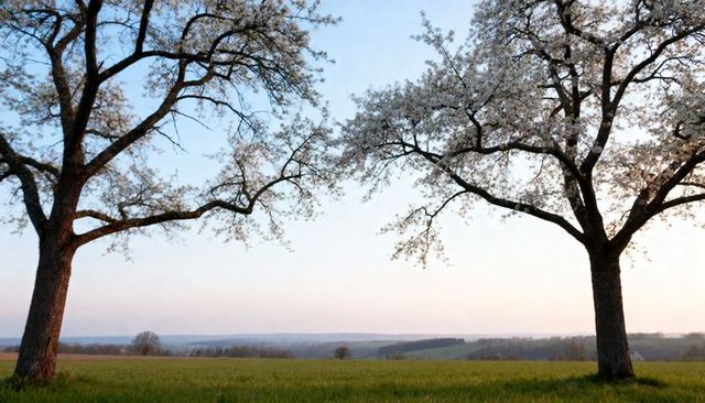 Framing flowering trees arching over green meadow pastel sky sunrise landscape