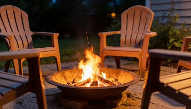Backyard fire pit night: glowing metal fire bowl with adirondack chairs surrounding evening ambience