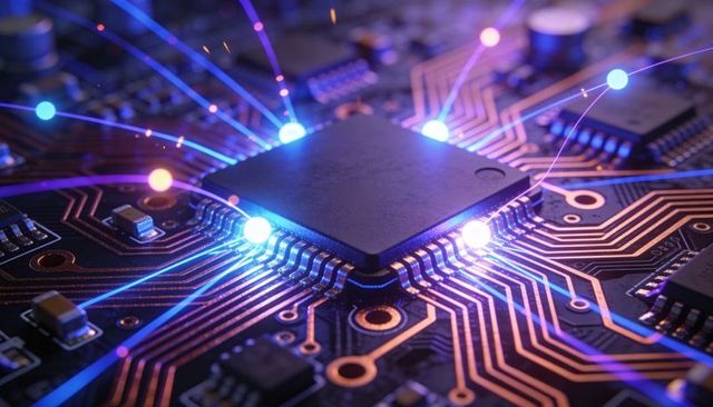 Glowing Microchip Sending Data Across Copper Traces on Futuristic PCB with Neon LED Nodes