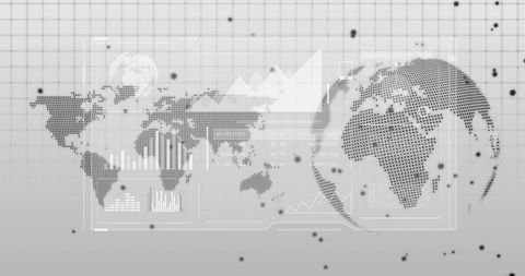 Displaying grayscale data dashboard with dotted world map and hud analytics