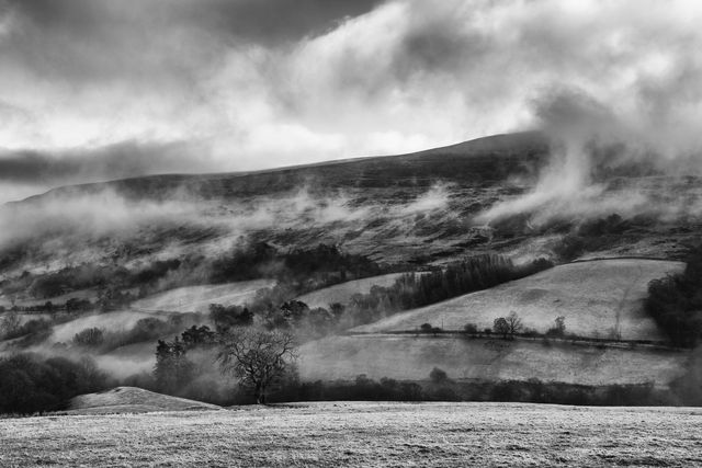 Misty Landscape Over Rolling Hills in Black and White - Download Free Stock Photos Pikwizard.com