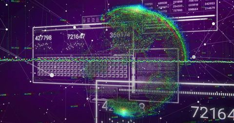 Floating Data Globe with Laptop Grid and Nodes in Cyberspace
