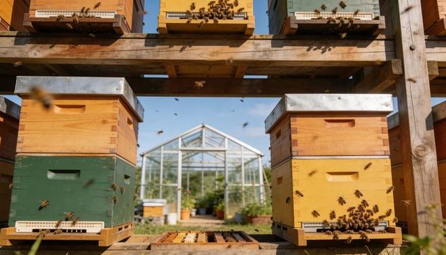 Buzzing langstroth beehives clustering honeybees at entrances with greenhouse backdrop