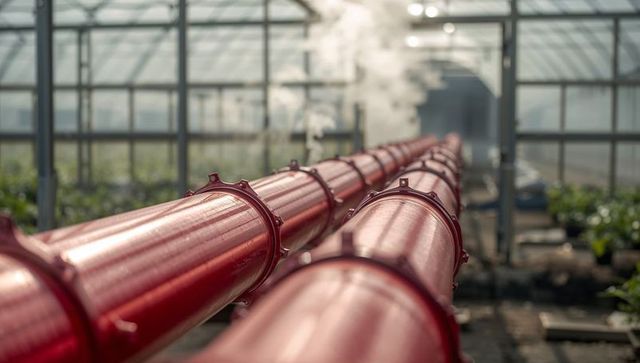 Parallel red heating pipes running along greenhouse aisle releasing steam and vapor