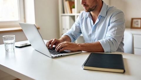 Man typing on laptop in bright home office, working remotely with notebook