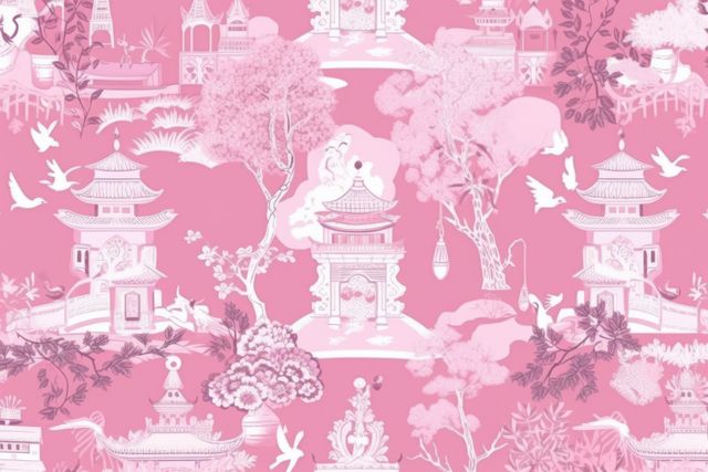 Repeatable pattern of chinoiserie on pink background, created using generative ai technology. Chinoiserie, interior design and decorative pattern concept digitally generated image.