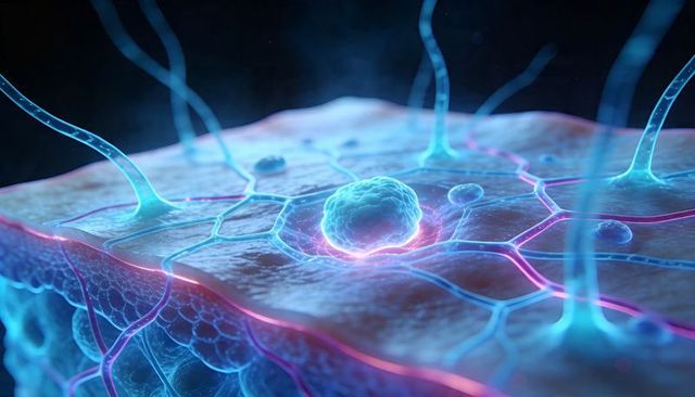Glowing neural cell on epithelial surface with cyan magenta filament network biomedical