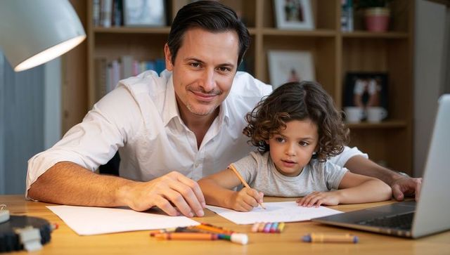 Father guiding child drawing at home desk with laptop and pencils for learning moments