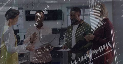 Diverse team collaborating with laptop and data visualization overlays in modern office