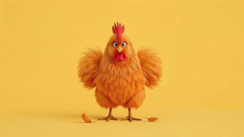 Fluffy Cartoon Chicken with Ruffled Wings in Yellow Background