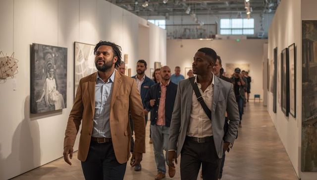 Leading professionals walking through contemporary art gallery during exhibition tour