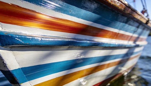 Glossy striped wooden boat hull reflecting sunlight on calm marina waterline