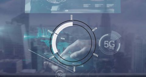 Touchscreen innovation with holographic 5g interface by city skyline