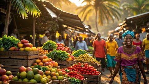 Smiling haiti vendor walking in vibrant tropical marketplace