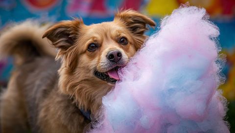 Fluffy brown dog sniffing pastel cotton candy, playful expression, colorful mural backdrop
