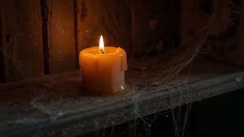 Flickering Beeswax Candle in Dimly Lit Rustic Scene