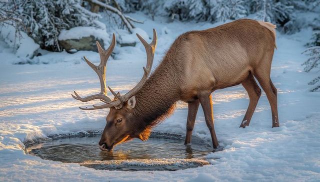 Bull elk drinking from unfrozen pool in snowy conifer forest at golden sunrise