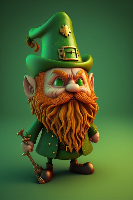 Leprechaun with ginger beard and green hat, created using generative ai technology. St patricks day and celebration concept digitally generated image.