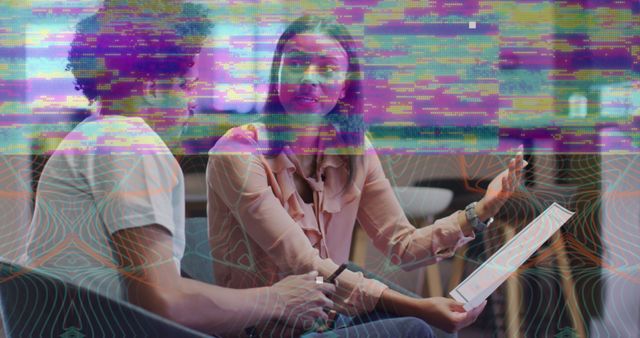 Two people are engaged in a business meeting, reviewing paperwork. The image is overlayed with digital glitch artefacts, creating an abstract and modern look. This image could be used to represent modern work challenges, data issues in technology, or creative digital artwork ideas.