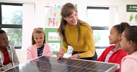 Students and Teacher Engaging with Solar Panel for Sustainable Learning