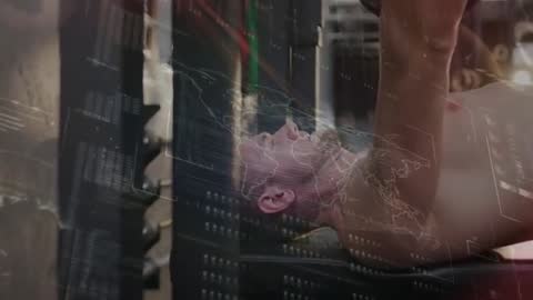 Man pushing heavy bench press with HUD overlay tracking fitness metrics and world map