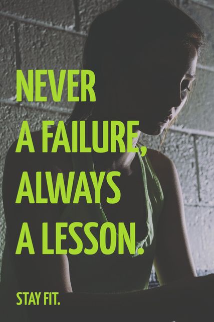 This image features a silhouette of a focused woman, with an inspiring motivational quote about perseverance. It highlights themes of fitness, personal growth, and dedication. Ideal for use in motivational posters, fitness blogs, wellness websites, and social media campaigns promoting an active and healthy lifestyle.