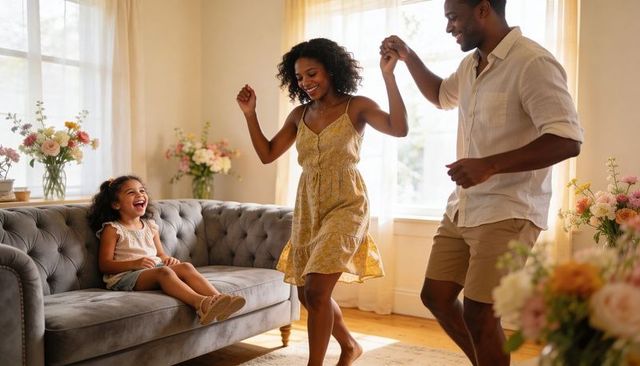 Parents dancing with daughter in sunlit living room embracing joyful family moments