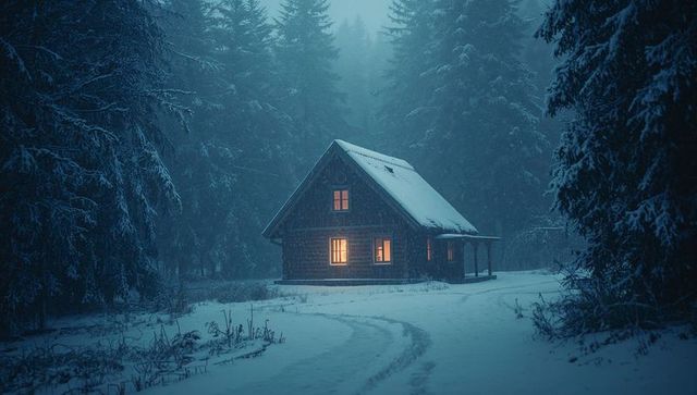Snow-covered wooden cabin with warm glowing windows at dusk, curved snow track