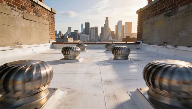 Glinting stainless turbine roof vents reflecting sunrise on white membrane, urban skyline