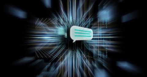 Radiating neon chat bubble representing fast data transmission and cyber messaging