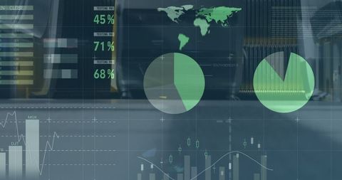 Interactive financial data interface with businesswomen walking