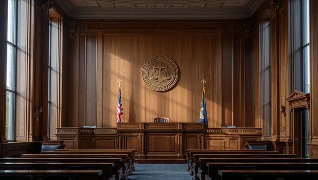 Grand wooden courtroom with elevated judge bench, carved judicial seal and flags