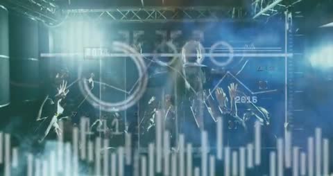 Concert Audience with Financial Charts Overlaying Dynamic Visualization