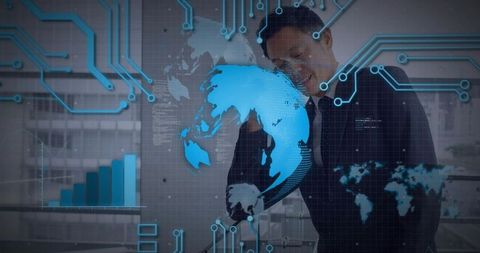 Asian executive making phone call while displaying holographic globe and global data