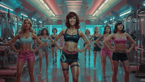 Confident female fitness instructor leading energetic group workout inside modern gym