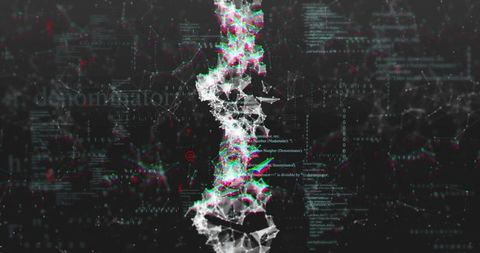 Rotating digital DNA-like lattice with glitch data streams and binary network visualization