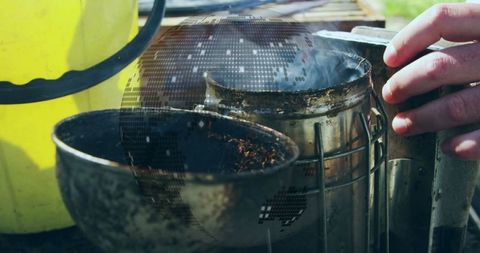 Beekeeper using smoker with futuristic digital globe overlay