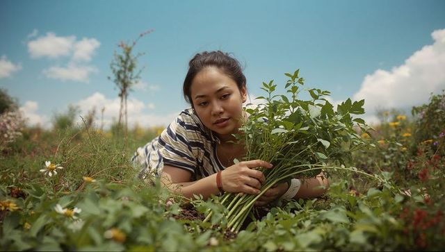 Gardener Harvests Vibrant Greenery in Lush Meadow