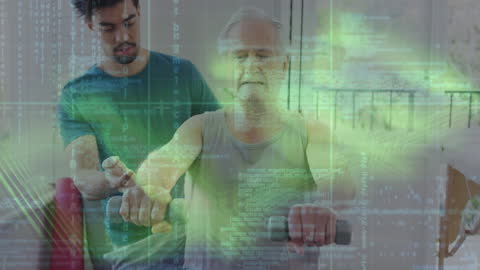 Senior Patient Exercising with Physiotherapist and Digital Data Overlay